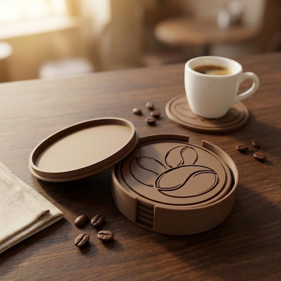 Kaffee Untersetzer Set STL-Datei, 3D druckbare Untersetzer mit Aufbewahrungsbox, Kaffeebohne Design Tassenhalter, Innendekoration, Sofortige 3D Druckdatei
