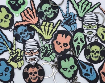 Halloween Keychain, Glow in the Dark keychain, Spooky Skull, Ghost, Skeleton Hand, Horror Key Ring, Halloween Gift, Trick or treat Bag Charm