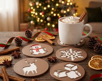 Christmas Coaster Set Holiday Cup Coaster Gingerbread Snowflake Reindeer Xmas Table Decor Gift Hot Cocoa Mulled Wine Coasters Party Decor
