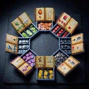 Puede incluir: Un organizador de juegos de mesa con contenedores en forma de libro abierto que contienen varias piezas de juego. Las piezas incluyen fichas verdes, rojas y amarillas, junto con dados y pequeñas piezas redondas. Los libros muestran ilustraciones y números.