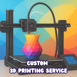 May include: A black 3D printer with a multi-coloured geometric vase on the print bed. The vase has a gradient of yellow, orange, pink, and blue. The text "CUSTOM 3D PRINTING SERVICE" is displayed below the printer.