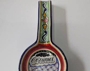 Vintage Talavera Spoon Rest Mexican Pottery Ethnic Utensil Holder Orange Blue 10"
