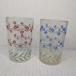 1950's MCM Hazel Atlas Swanky Swigs Forget Me Knot Juice Glasses with Blue and Red Floral Green Leaves Jars 4"