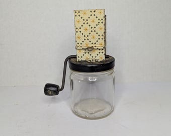 Vintage ANDROCK Nut Chopper Grinder Tin Top Glass Jar Mid Century Atomic Star