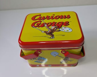 Vintage Curious George Two Handle Metal Lunch Box, Craft Case ~ Charming Graphics & Bright Colors