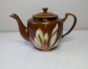 Teiera in ceramica vintage con smalto color crema a goccia marrone, 20 cm