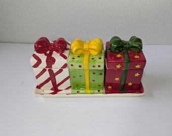 Vintage 1990s Christmas Present Ceramic Home Decor Condiments Holders and Matching Tray 12"