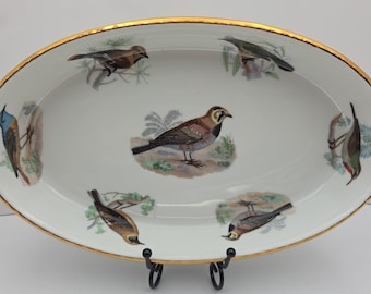 VTG Lourioux France Oval Servierplatte Vögel Gold Trim 11 "Porzellan Teller Dekor