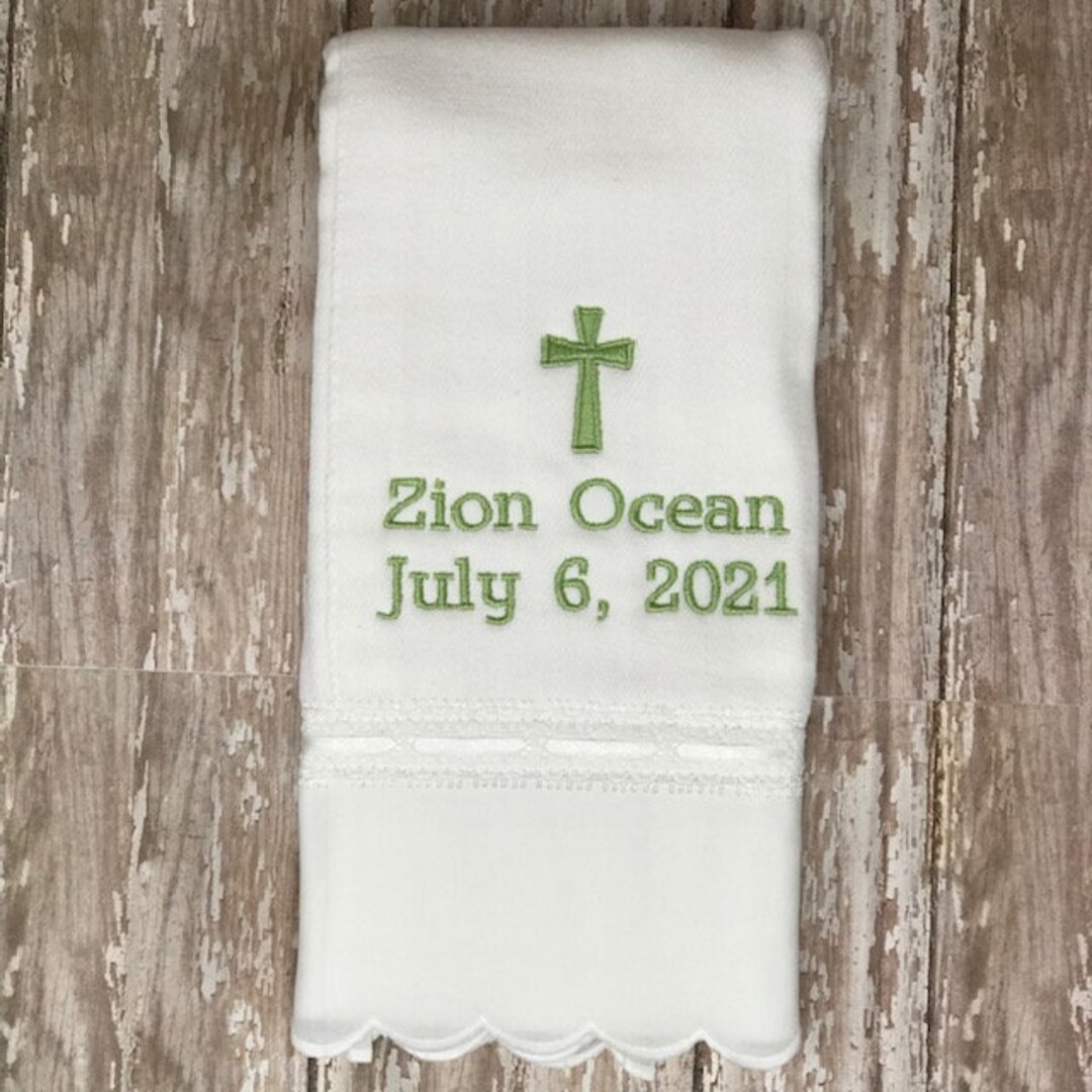 White Baptism Bib And Burp Cloth Set With Gold Cross Embroidery