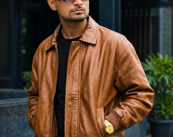Men's Brown Genuine Leather Bomber Jacket – Classic Streetwear Winter Coat