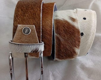 Genuine Cowhide Leather Hair-On Belt With Metal Buckle | Handmade Western Cowboy Style Natural Cow Print Belt