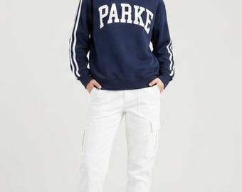 PARKE Mockneck Sweatshirt Women – Navy Blue Sport Stripe Pullover | Oversized Athleisure Sweatshirt | Casual Streetwear Top