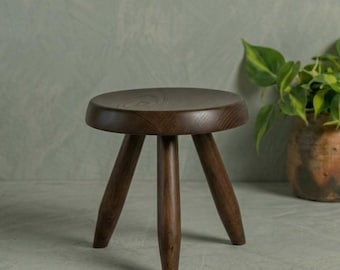 Charlotte Perriand Style Handcrafted Stool, Solid Wood, Mid Century Modern, Walnut Plant Stand