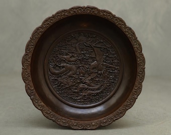 Chinese Antique Bronze Plate Dragon Phoenix Decorative Plate Zen Aesthetic Wabi Sabi Living Room Decor