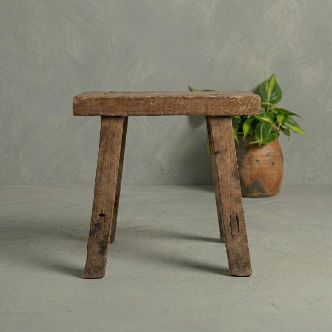 Vintage Wooden Stool Farmhouse Decor Wabi Sabi Riser Display Rustic Elm ...