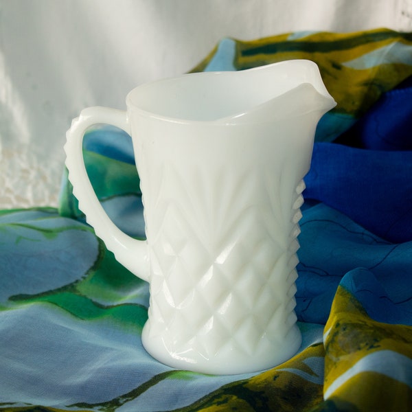 Milk Glass Pitcher Creamer Quilted Diamond Pattern Vintage