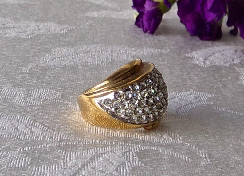 Vintage Cocktail Ring Rhinestone 14K Electroplated Ladies Size 6