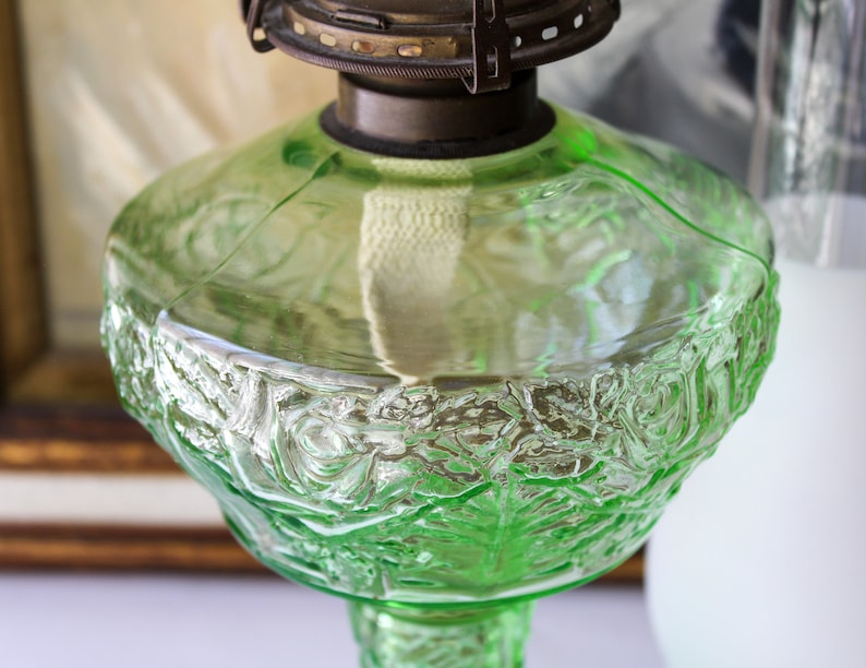 Antique Vaseline Glass Oil Lamp Rare Eapg Green Rose Circa Ireland Antique Vaseline Glass Oil Lamp Rare, Large Hurricane Lamp Vaseline Glass