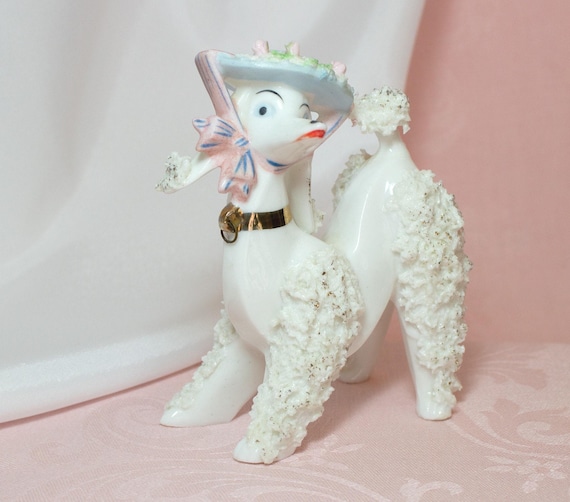 Vintage Spaghetti Poodle Figurine Pink and Blue Flower Hat, No