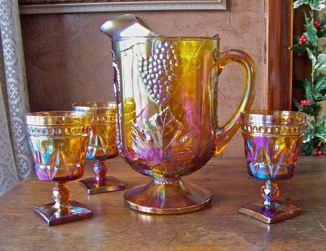 Vintage Gold Carnival Glass Pitcher Goblets Fall Harvest | Etsy