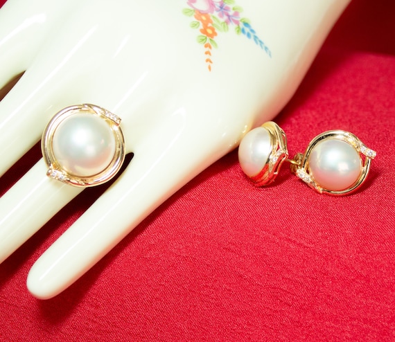 Bague vintage en perles de Mabe avec boucles d oreilles assorties accent de diamants 14 carats Etsy Canada