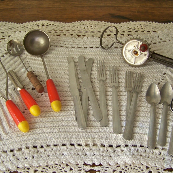 RESERVED HOLLY Vintage Toy Utensils Miniature Flatware Baking Cooking Dollhouse Little Mother Toy Silverware Miniature Egg Beater Girls Toys