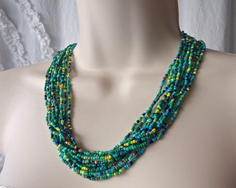 Bead Necklace Green Blue Micro Glass Eleven Strand Vintage Jewelry