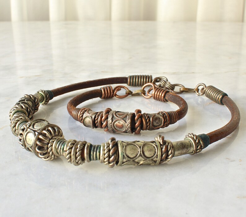 Vintage Leather Necklace and Bracelet Tribal Jewelry Boho Hippie 1970s