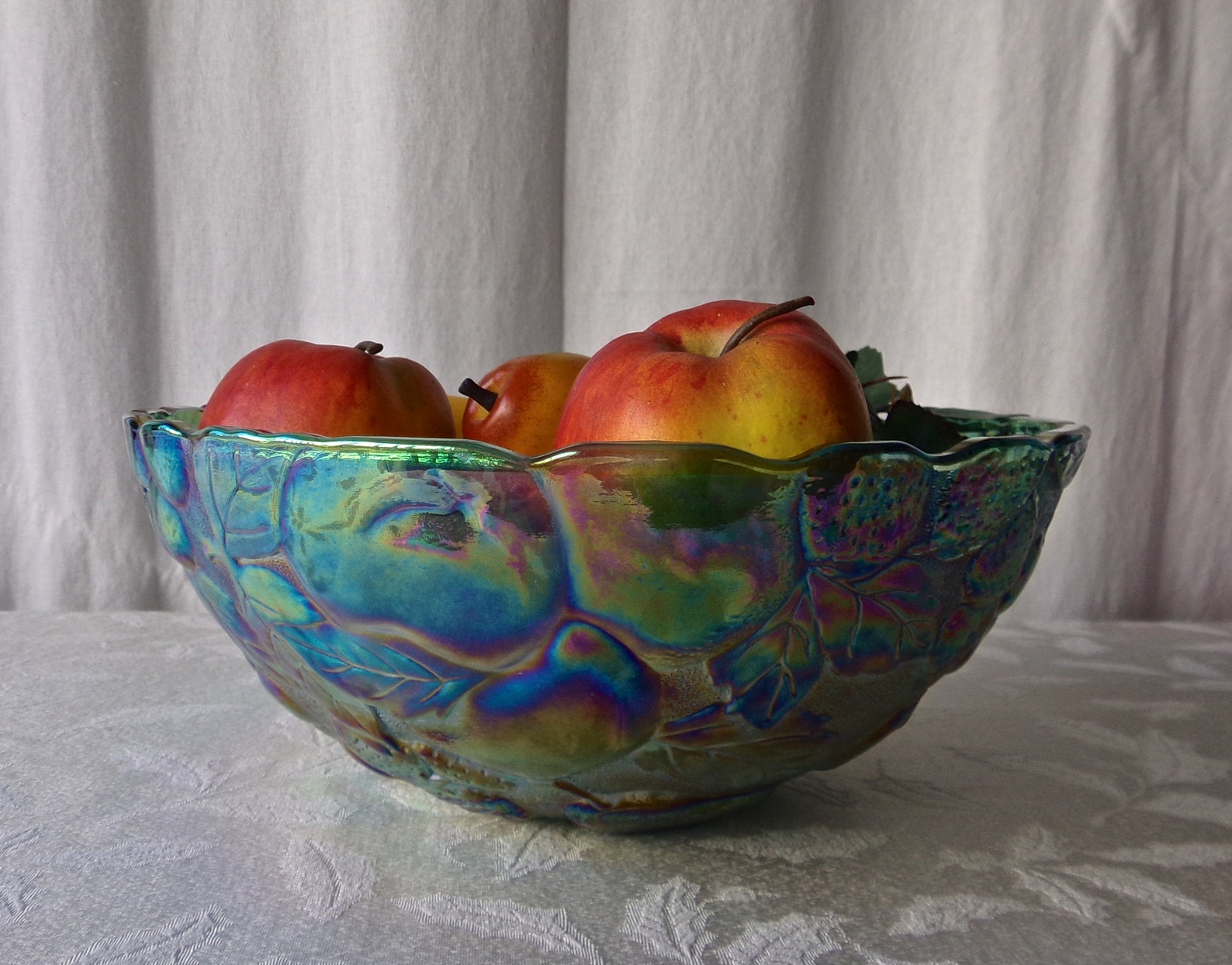 Vintage Fruit Bowl Iridescent Blue Carnival Glass Original Box Etsy