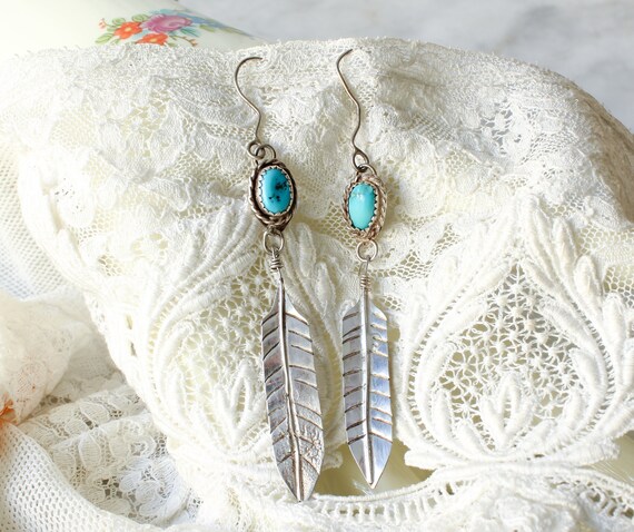 Vintage Dangle Feather Earrings With Pendant Turq… - image 6