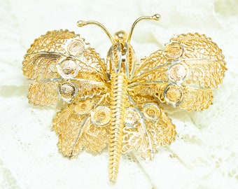 Gold Vermeil Filigree Butterfly Brooch Vintage 1970s