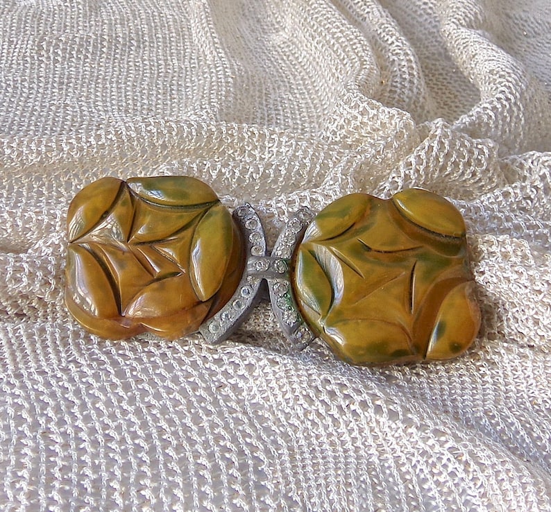 Vintage Bakelite Buckle Chunky Muddy Green Rhinestone Clasp