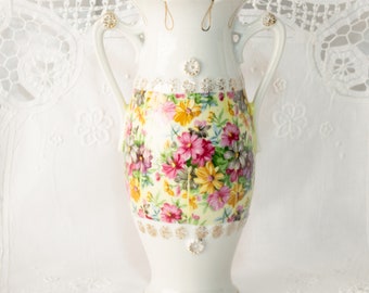 Floral Chintz Vase Double Handled Gold Accent Vintage Decor