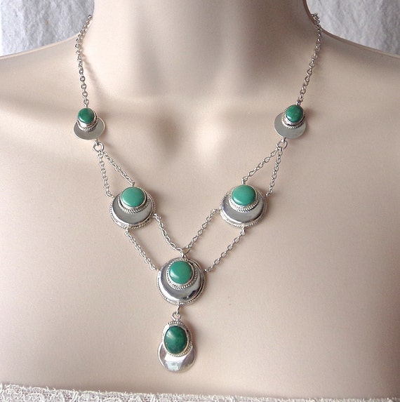 Sterling Turquoise Malachite Bib Necklace Vintage - image 1