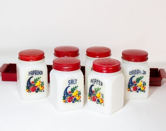 Milk Glass Spice Jar Set With Cornucopia Fruit Stencils Plus Red Metal Stand 1940s