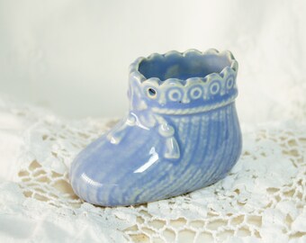 Blue Ceramic Baby Shoe Nursery Decor Mid Century