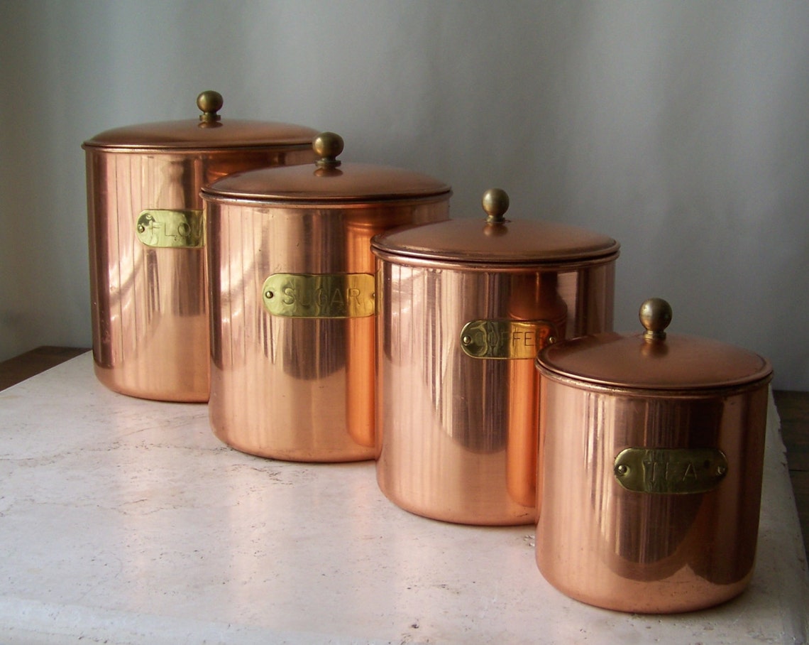 Vintage Copper Canister Set Brass Label Stainless Steel Etsy