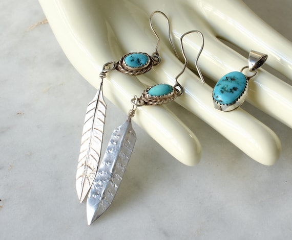 Vintage Dangle Feather Earrings With Pendant Turq… - image 1