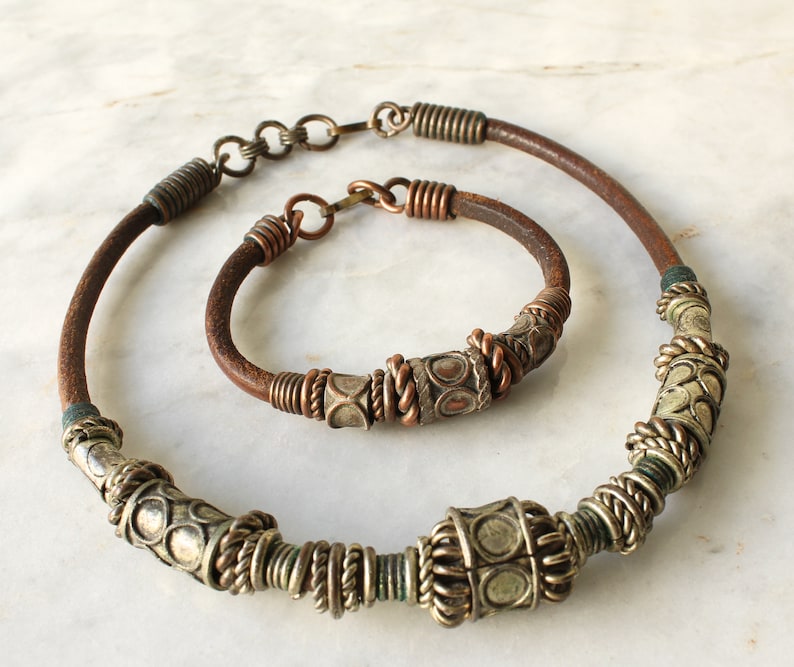 Vintage Leather Necklace and Bracelet Tribal Jewelry Boho Hippie 1970s