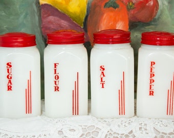 Milk Glass Shaker Set Red Cap Rangette Salt Pepper Flour Sugar
