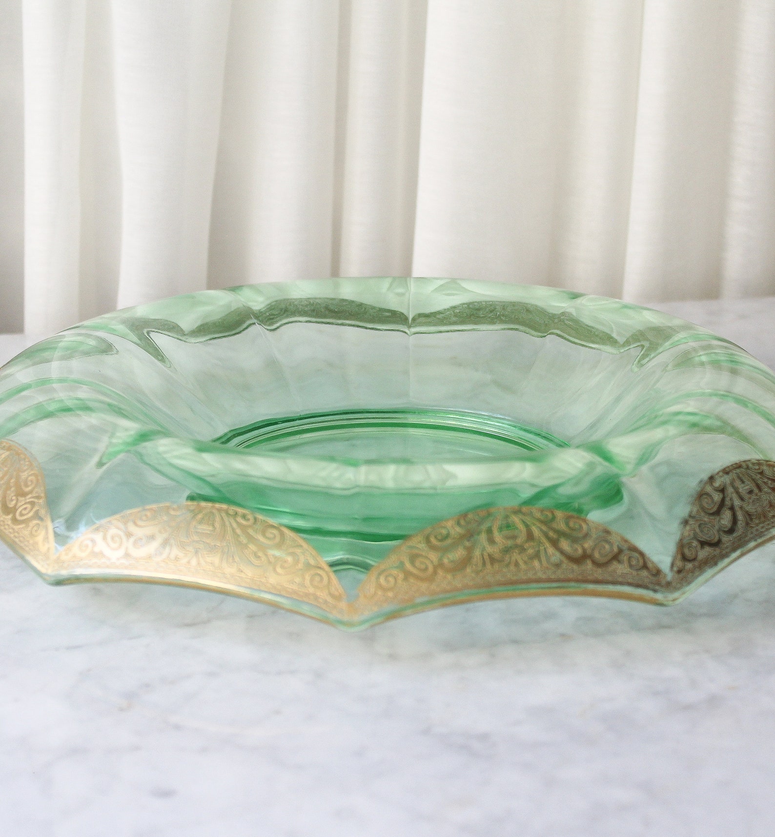 Vintage Console Bowl Vaseline Glass Rolled Rim Gold Overlay Etsy