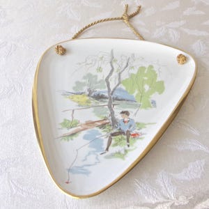 Vintage Boy Fishing Porcelain Wall Hanging Signed