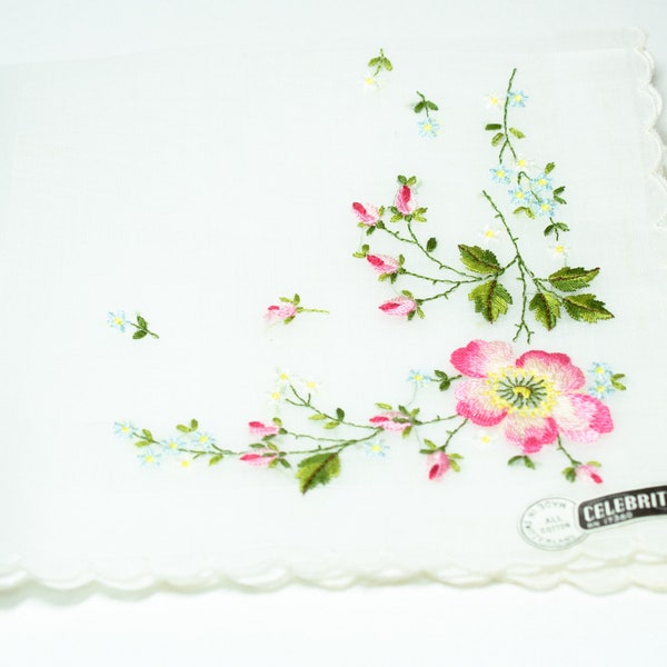 Embroidered Handkerchief Ladies Pink Floral Hanky Celebritees