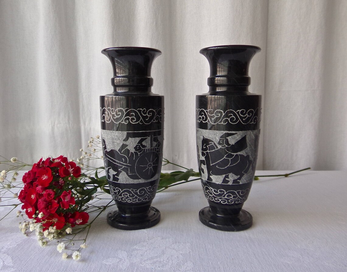 Vintage Black Onyx Vase Set Chariot Scene Etched in Stone Etsy