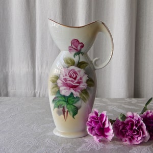 Vintage Pitcher Vase Hand-Painted Roses Mid-Century