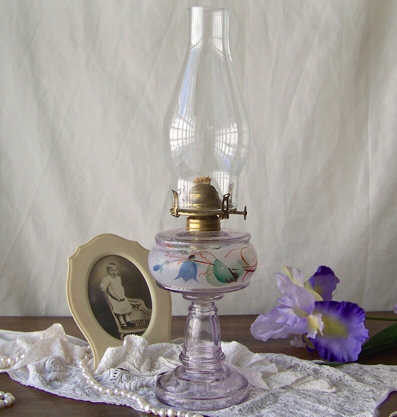 Oil Lamp Purple Glass Hand Painted Antique 1876 Etsy