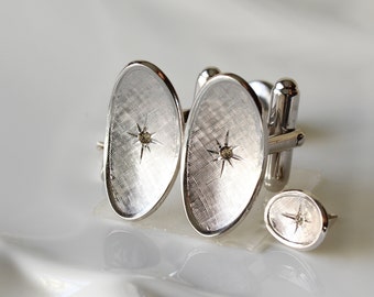 Cufflinks Tie Tack Set Men's Jewelry Oval Two Tone Silver