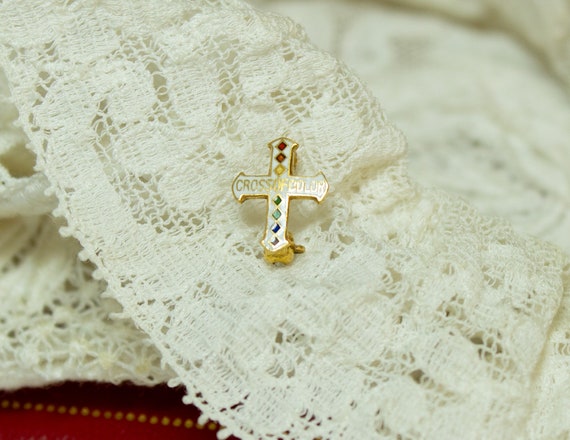 Vintage Tiny 10KT Gold Cross Of Color Pin - image 2