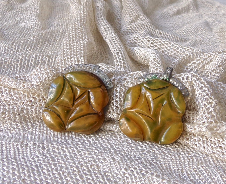Vintage Bakelite Buckle Chunky Muddy Green Rhinestone Clasp