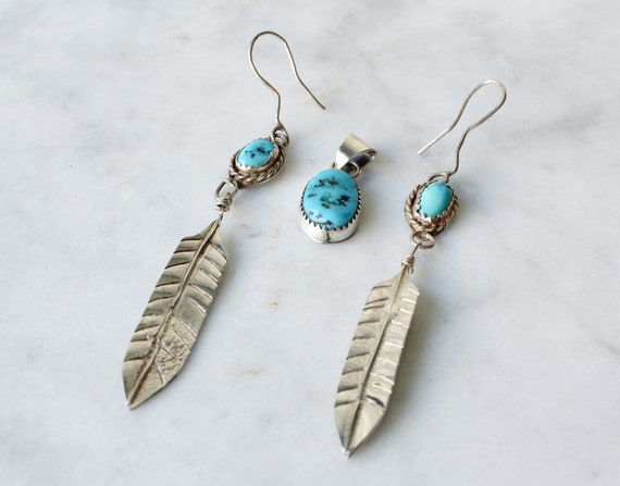 Vintage Dangle Feather Earrings With Pendant Turq… - image 2